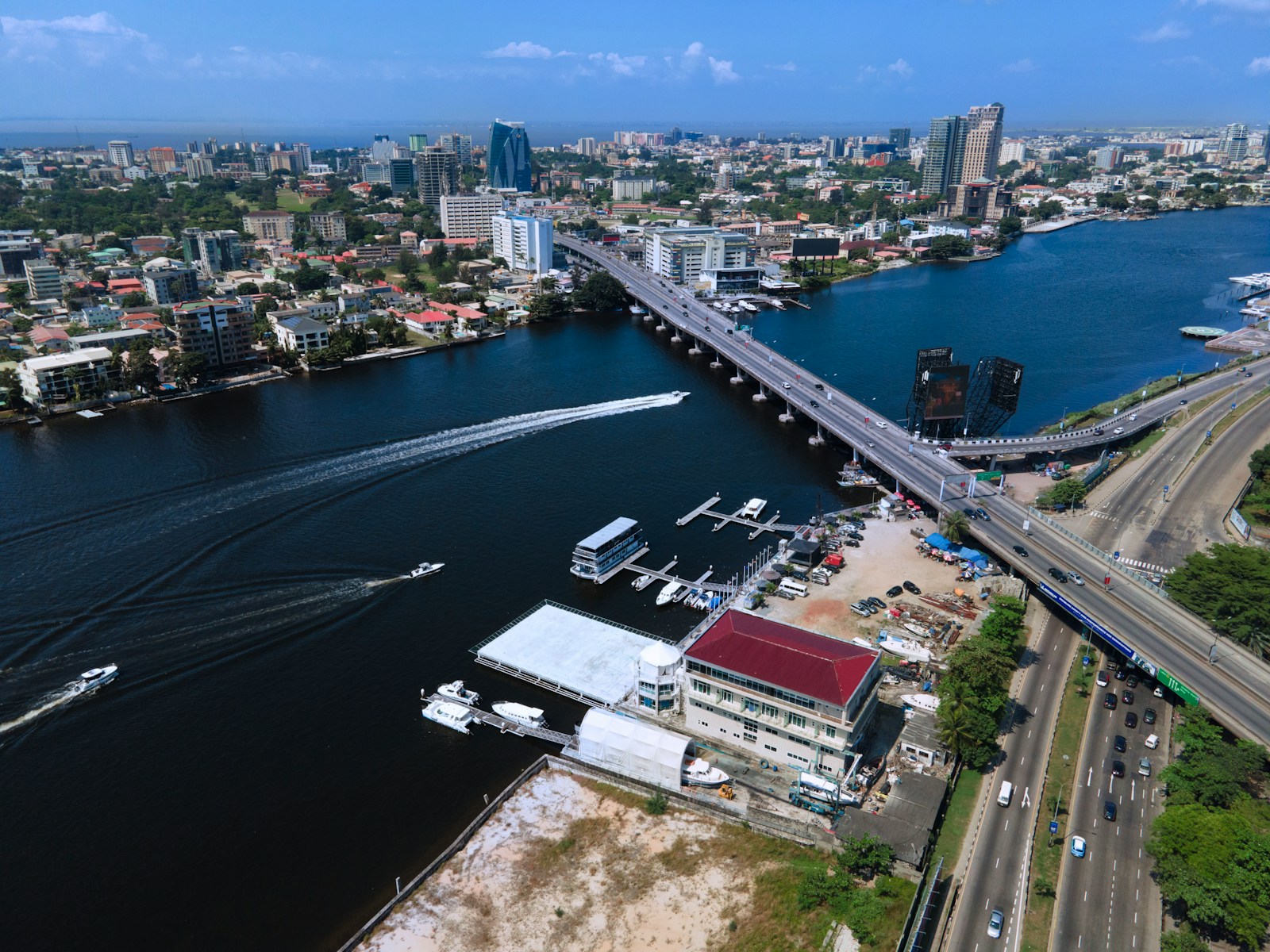 Aerial view of the Lagos skyline, Falomo Bridge and Five Cowries Creek